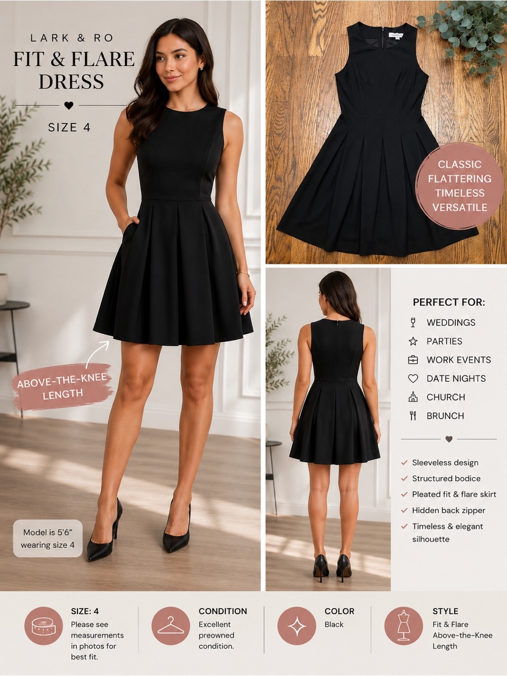 Lark & Ro Black Fit & Flare Above-the-Knee Dress Size 4 Wedding Guest